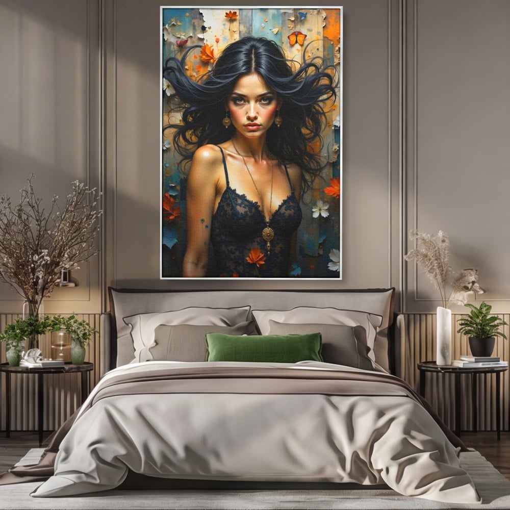 Tablou canvas cu tablou canvas cu portret de femeie par negru fluturi si frunze, in rama de aluminiu argintiu, pe perete intr-un dormitor